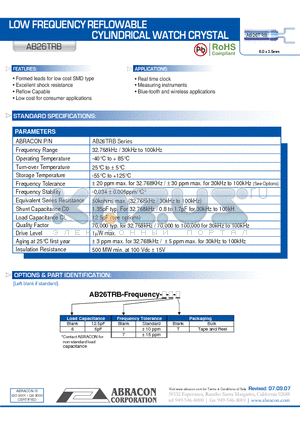 AB26TRB datasheet - LOW FREQUENCY REFLOWABLE CYLINDRICAL WATCH CRYSTAL