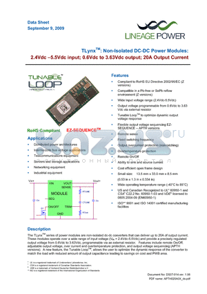 APTH020A0X3-SR datasheet - 2.4 - 5.5Vdc input; 0.6Vdc to 3.63Vdc output; 20A output current