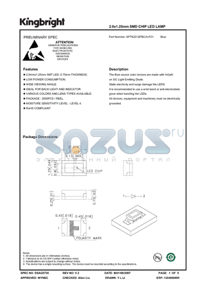 APTK2012PBC-A-F01 datasheet - 2.0x1.25mm SMD CHIP LED LAMP