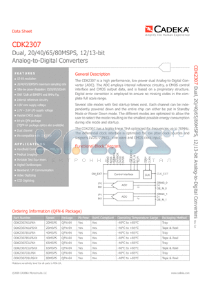 CDK2307 datasheet - Dual, 20/40/65/80MSPS, 12/13-bit Analog-to-Digital Converters