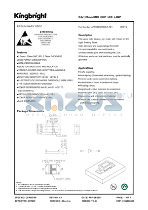 APTK2012RWC-A-F01 datasheet - 2.0x1.25mm SMD CHIP LED LAMP