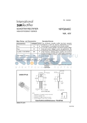 16YQ045C datasheet - SCHOTTKY RECTIFIER HIGH EFFICIENCY SERIES