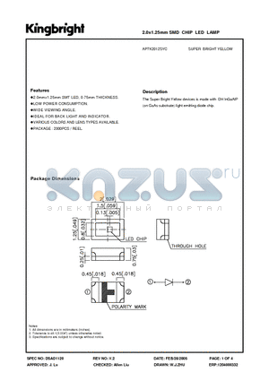 APTK2012SYC datasheet - 2.0x1.25mm SMD CHIP LED LAMP