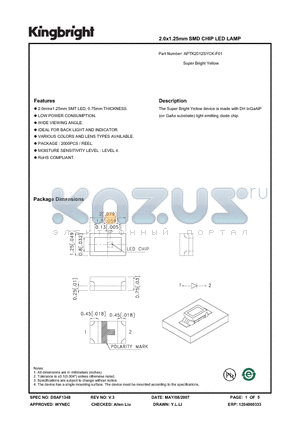 APTK2012SYCK-F01 datasheet - 2.0x1.25mm SMD CHIP LED LAMP