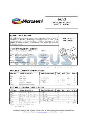 80143 datasheet - 1.0 Watts, 15 Volts, Class A Linear to 2300MHz