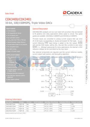 CDK3401CTQ48 datasheet - 10-bit, 100/150MSPS, Triple Video DACs