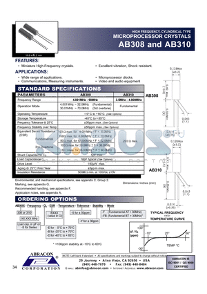 AB308 datasheet - HIGH FREQUENCY, CYLINDRICAL TYPE MICROPROCESSOR CRYSTALS