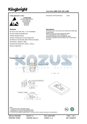 APTL3216VGC-Z datasheet - 3.2x1.6mm SMD CHIP LED LAMP