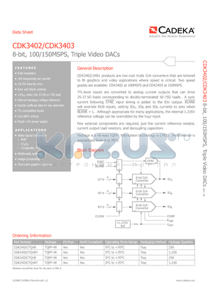 CDK3402CTQ48 datasheet - 8-bit, 100/150MSPS, Triple Video DACs