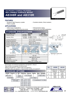 AB308R datasheet - HIGH FREQUENCY, CYLINDRICAL TYPE CRYSTALS REFLOWABLE SURFACE MOUNT