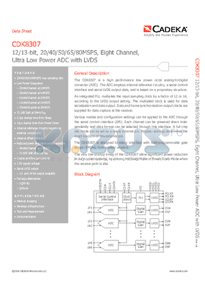 CDK8307AILP64 datasheet - 12/13-bit, 20/40/50/65/80MSPS, Eight Channel, Ultra Low Power ADC with LVDS