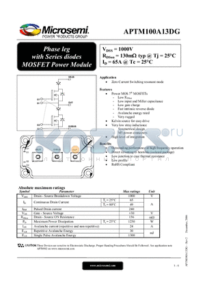 APTM100A13DG datasheet - Phase leg with Series diodes MOSFET Power Module