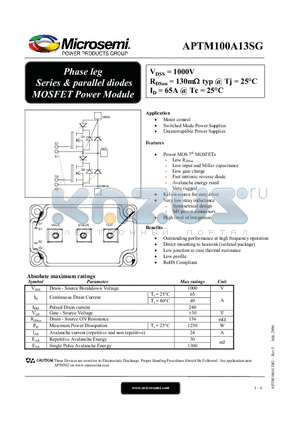 APTM100A13SG datasheet - Phase leg Series & parallel diodes MOSFET Power Module