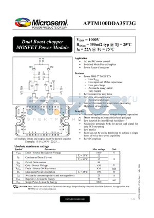 APTM100DDA35T3G datasheet - Dual Boost chopper MOSFET Power Module