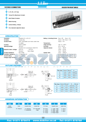 DBCFDFSR09E2 datasheet - FILTERED D CONNECTORS SOLDER PIN RIGHT ANGLE