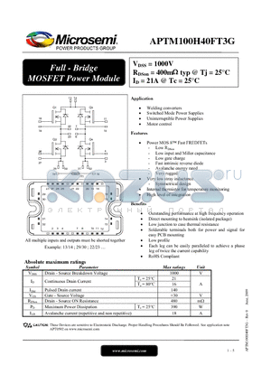 APTM100H40FT3G datasheet - Full - Bridge MOSFET Power Module