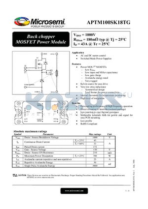 APTM100SK18TG datasheet - Buck chopper MOSFET Power Module