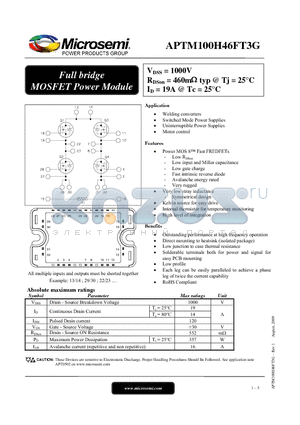 APTM100H46FT3G datasheet - Full bridge MOSFET Power Module