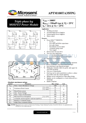APTM100TA35FPG datasheet - Triple phase leg MOSFET Power Module