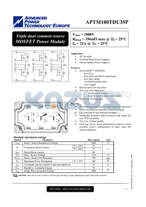 APTM100TDU35P datasheet - Triple dual common source MOSFET Power Module