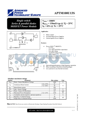 APTM100U13S datasheet - Single switch Series & parallel diodes MOSFET Power Module