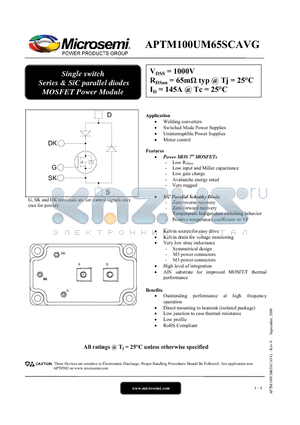 APTM100UM65SCAVG datasheet - Single switch Series & SiC parallel diodes MOSFET Power Module