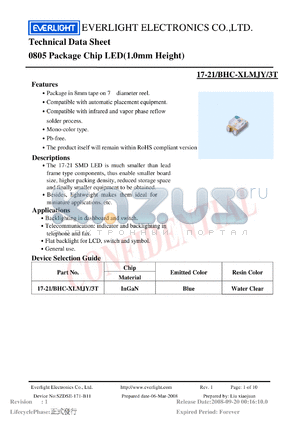 17-21-BHC-XLMJY-3T datasheet - 0805 Package Chip LED(1.0mm Height)