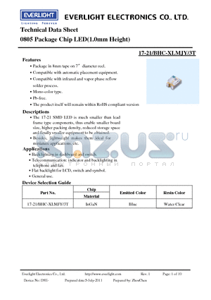 17-21-BHC-XLMJY-3T datasheet - 0805 Package Chip LED(1.0mm Height)
