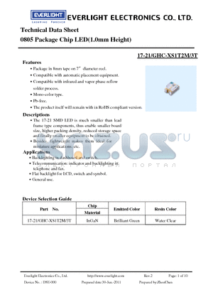 17-21-GHC-XS1T2M-3T datasheet - 0805 Package Chip LED(1.0mm Height)