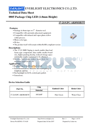 17-21-GPC-AK0M1B-3T datasheet - 0805 Package Chip LED (1.0mm Height)