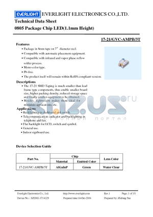 17-21-GVC-AMPB-3T datasheet - 0805 Package Chip LED(1.1mm Height)