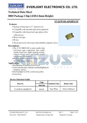 17-21-W1D-APQHY-3T datasheet - 0805 Package Chip LED(1.0mm Height)