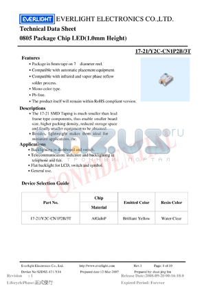17-21-Y2C-CN1P2B-3T datasheet - 0805 Package Chip LED(1.0mm Height)
