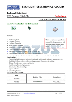 17-21-Y2C-A0L1M2V0B-3T-AM datasheet - 0805 Package Chip LED
