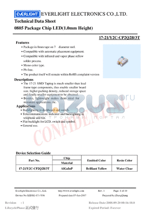 17-21-Y2C-CP2Q2B-3T datasheet - 0805 Package Chip LED(1.0mm Height)