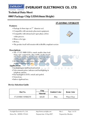 17-215-B6C-YP2R2-3T datasheet - 0805 Package Chip LED(0.8mm Height)
