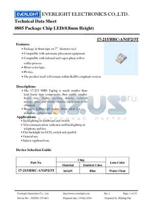 17-215-BHC-AN1P2-3T datasheet - 0805 Package Chip LED(0.8mm Height)