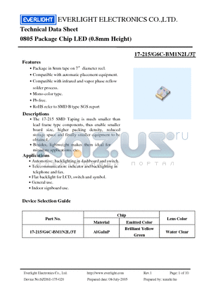 17-215-G6C-BM1N2L-3T datasheet - 0805 Package Chip LED (0.8mm Height)