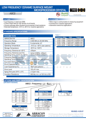 ABC2 datasheet - LOW FREQUENCY CERAMIC SURFACE MOUNT MICROPROCESSOR CRYSTAL