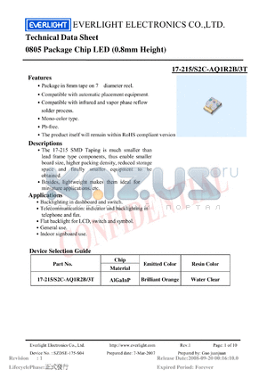17-215-S2C-AQ1R2B-3T datasheet - 0805 Package Chip LED (0.8mm Height)