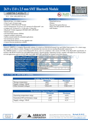 ABBTM-2.4GHZ-T datasheet - 26.9 x 13.0 x 2.5 mm SMT Bluetooth Module