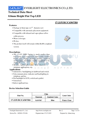 17-215UBC datasheet - 0.8mm Height Flat Top LED