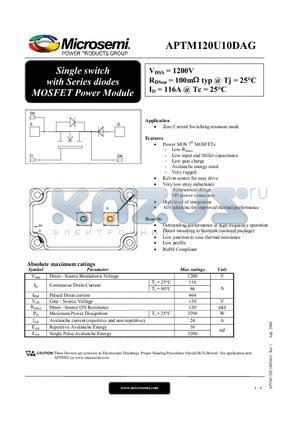 APTM120U10DAG datasheet - Single switch with Series diodes MOSFET Power Module