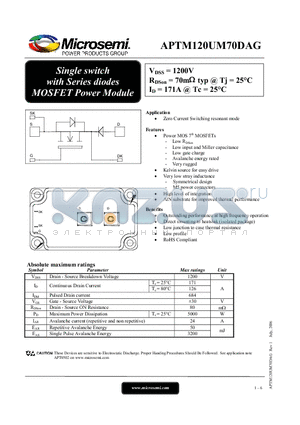 APTM120UM70DAG datasheet - Single switch with Series diodes MOSFET Power Module