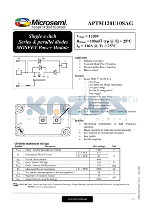 APTM120U10SAG datasheet - Single switch Series & parallel diodes MOSFET Power Module