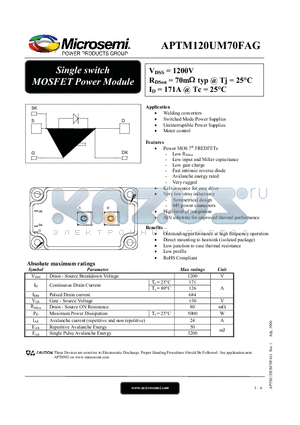 APTM120UM70FAG datasheet - Single switch MOSFET Power Module