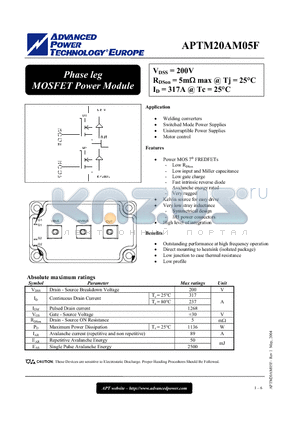 APTM20AM05F datasheet - Phase leg MOSFET Power Module