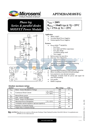 APTM20AM10STG datasheet - Phase leg Series & parallel diodes MOSFET Power Module