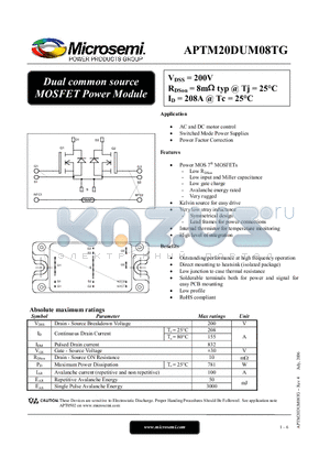 APTM20DUM08TG datasheet - Dual common source MOSFET Power Module