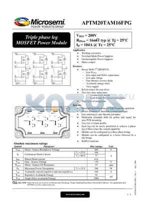 APTM20TAM16FPG datasheet - Triple phase leg MOSFET Power Module